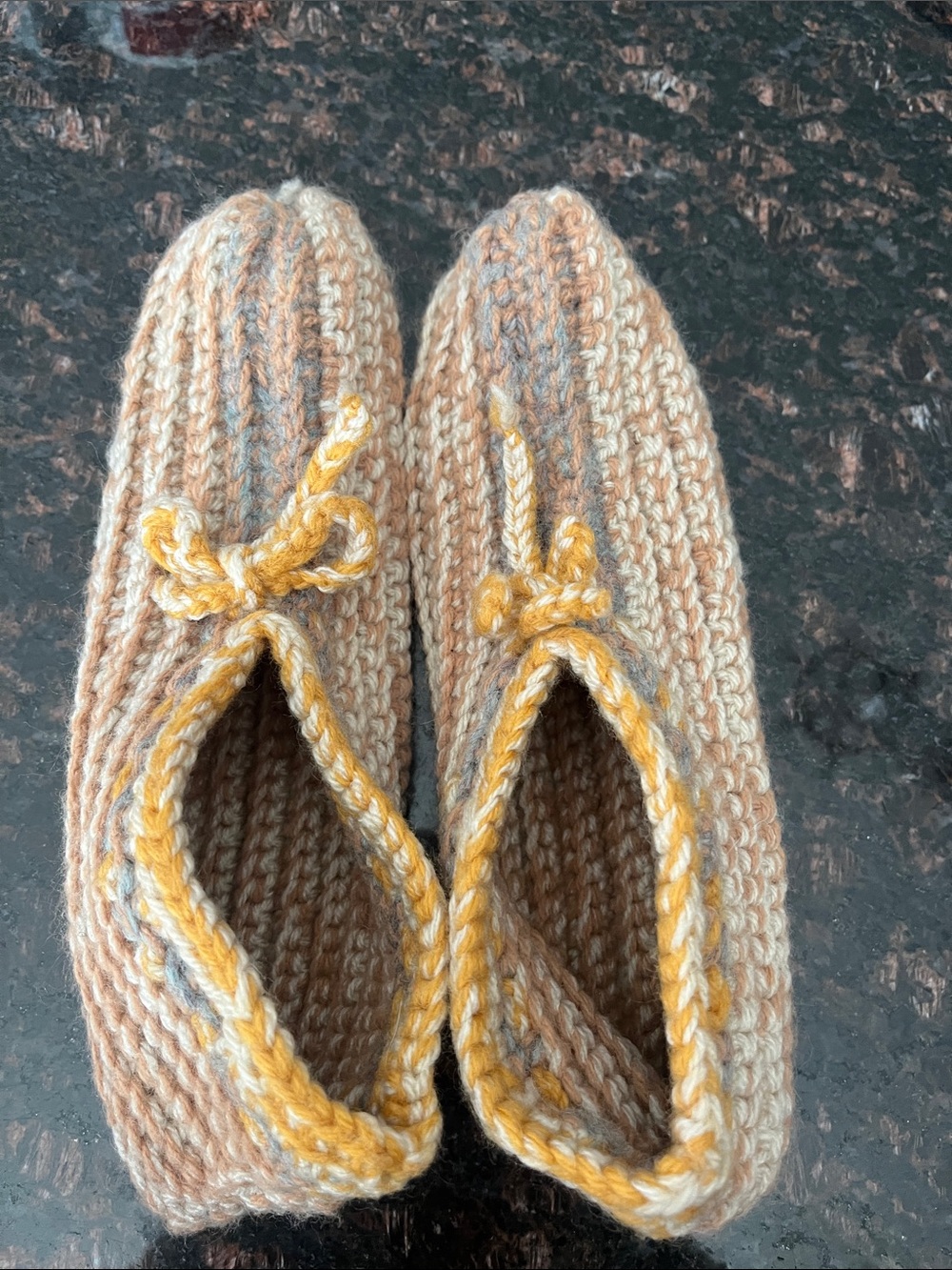 Handmade Crocheted Beige Slippers with Yellow Trim fits multiple Sizes